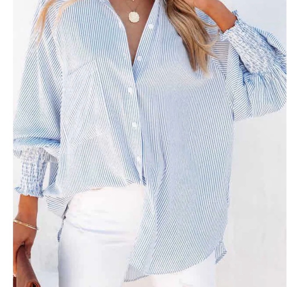 Lu’s Chic NWT Oversized Pinstriped Button Down with Puff Sleeves, Cuffs, Pocket